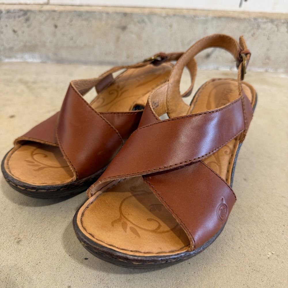 Born Brown Leather Crisscross Wedge Slingback Sandals Size 7